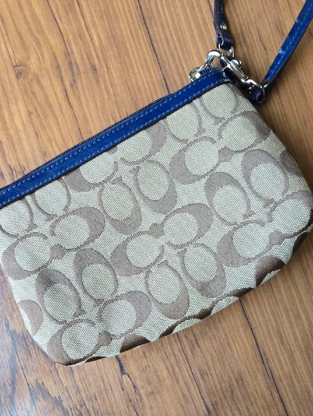 Coach Beige Signature Canvas Wristlet with Blue Trim